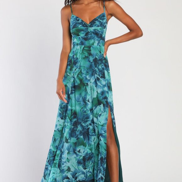 Lulus Dresses & Skirts - Lulus Beautiful Soul Teal Green Floral Print Twist-front Maxi Dress - Size M